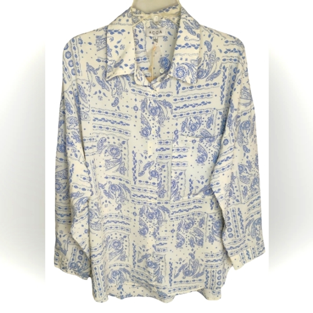 ACOA Blue Paisley Blouse Women's Sz L Sheer Top 3/4 Sleeves NWT L-4